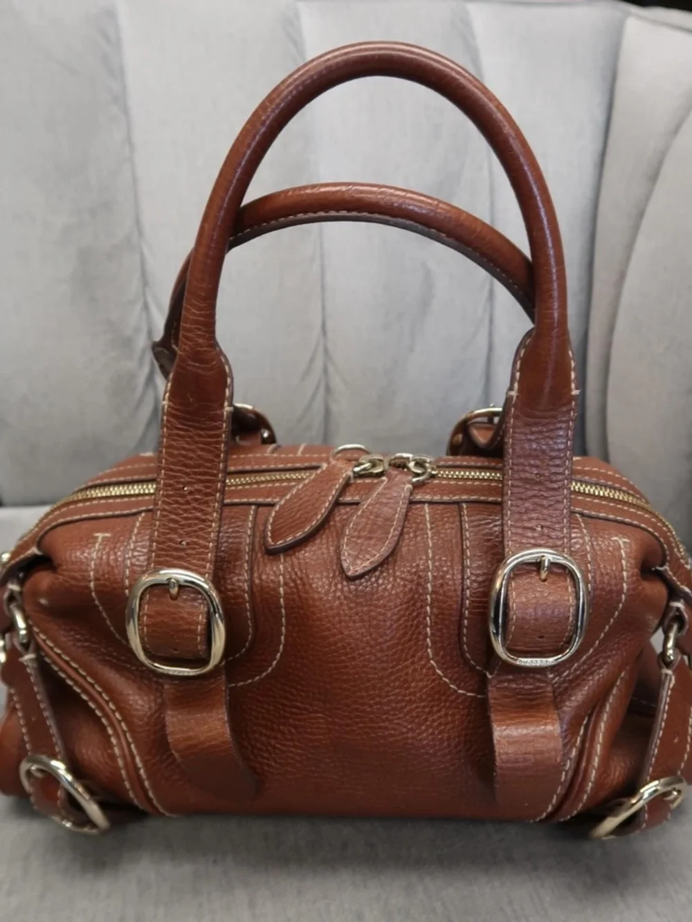 Burberry Brown Pebbled Leather Double-Handle Satchel - Picture 11 of 11